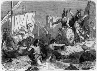 Llegada de los normandos a la costa francesa en la Edad Media. Grabado en “Histoire des papes-kings-queens-et-empereurs a travers les centuries” por Maurice Lachatre