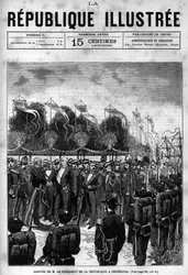 Llegada del Presidente de la República Jules Grevy (1807-1891) a las celebraciones de Cherburgo. Un periódico. Grabado de 1880 en "La republique illustree" colección privada.