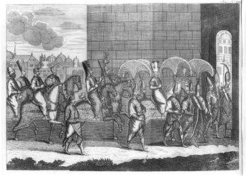 Llegada del Sultán Mustafa a Constantinopla, de Voyages de Sr A. de la Motraye en Europe, Asie et Afrique, publicado en 1727
