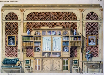 Biblioteca estilo art nouveau, ilustración de la revista Interieurs Modernes