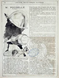 Artículo y caricatura sobre Eugene Poubelle (1831-1907), prefecto del Sena e inventor de los cubos de basura en 1884. 10/04/1885. París, prefectura de policía