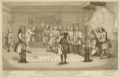 Asamblea de masones libres antes de la iniciación de un maestro, de Las ceremonias de religión y costumbre c.1733