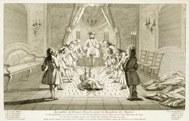 Asamblea de masones libres para la iniciación de un maestro, de Las ceremonias de religión y costumbre, c.1733