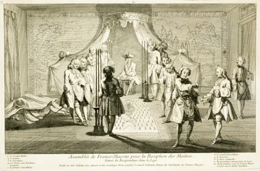 Asamblea de masones libres para la iniciación de un maestro, la entrada del candidato a la logia, de Las ceremonias de religión y costumbre, c.1733