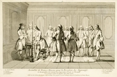 Asamblea de masones libres para iniciar a un aprendiz, de Las ceremonias de religión y costumbre, c.1733