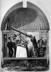 Astronomía: bisel astronómico francés transportado a Yokohama (Japón) para observar el paso del planeta Venus por el Sol. Grabado en "Le Monde Illustré" n°904 del 8 de agosto de 1874