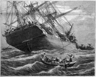 Ataque y saqueo por piratas malasios de los tres mástiles franceses “Pauline et Victoire” en el Estrecho de Torres (Oceanía), en 1859. Dibujo de Mr. Durant Brager. Grabado por Linton en “The Illustrous World” n°94 del 29 de enero de 1859.