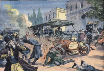 Atentado contra el Shah de Persia Mohammad Ali Shah Qajar (1872-1925). Grabado del periódico "Le Petit Parisien"