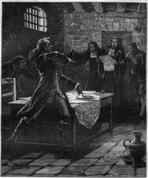Intento de suicidio del marqués Thomas Arthur, barón de Tollendal, conde de Lally (1702-1766), general francés de origen irlandés, al anunciarse su condena a muerte por traición por el Parlamento de París en 1766. Grabado del siglo XIX.