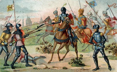 Batalla de Rosebecque el 27 de noviembre de 1382 (Rozebeke, Bélgica). Cromolitografía de finales del siglo XIX.