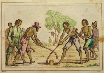 Juego de pelota, costumbres populares de los indios chilenos (grabado coloreado a mano)