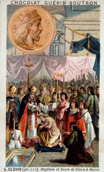 Bautismo y coronación de Clodoveo en la catedral de Reims, el 25 de diciembre de 496, por san Remigio, obispo de Reims.