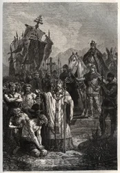 Bautismo del jefe sajón pagano Widukind bajo la presión del emperador Carlomagno - Carlomagno impone el bautismo a los sajones - Conversión de Widukind o Witikind ante Carlomagno en 785 - grabado de «L