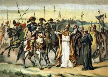 Invasiones bárbaras - Atila y San León I el Grande: el bárbaro Atila, líder de los hunos, se encuentra con el Papa San León el Grande, quien logró convencerlo de perdonar a Italia. Cromolitografía de finales del siglo XIX