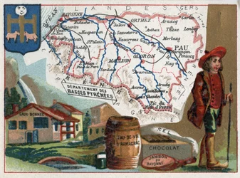 Bases Pirineos, ahora Pirineos Atlánticos, Francia. Serie sobre los Departamentos Franceses. Cromolitografía, circa 1920. Colección privada
