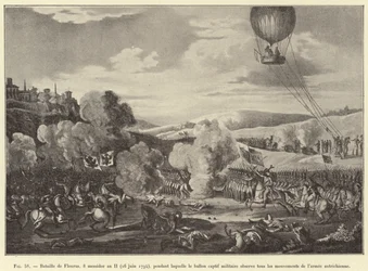 Batalla de Fleurus, 8 mesidor año II (26 junio 1794), durante la cual el globo cautivo militar observa todos los movimientos del ejército austríaco