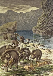 Batalla entre mamuts y tigres dientes de sable, de Le Monde Avant la Création d