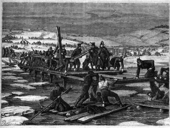 Batalla de Berezina, 26-29 de noviembre de 1812, una derrota catastrófica para Napoleón durante su retirada de Rusia - campaña de Rusia, retirada: construcción de dos puentes sobre la Berezina por los zapadores pontoneros de la Grande Armée bajo la