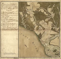 Batalla de Green Spring, Mapa del terreno en la orilla izquierda del río James frente a Jamestown en Virginia donde tuvo lugar la batalla del 6 de julio.