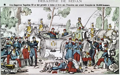 Batalla de Sedán en 1870. El ex Emperador Napoleón III es capturado en Sedán y entrega al ejército francés de 80,000 hombres a los prusianos
