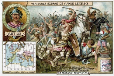 Batalla de los campos de Catalaunique, donde romanos, francos y visigodos reunidos derrotaron a hunos y ostrogodos en 451. Retrato del general romano Aetius - Viñeta publicitaria de Liébig