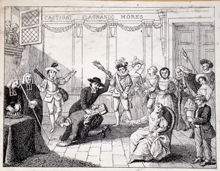 Beaumarchais azotando en Saint Lazare - escena de fustigación de Beaumarchais, sosteniendo en la mano el folleto de la Folle journee - de ap. pintura de la Comedie Francaise, grabado