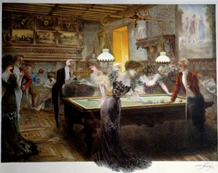 Bella época: el juego del billar, principios del siglo XX (litografía)