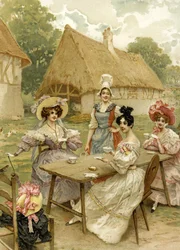 Hermosas mujeres ricas tomando té en una granja