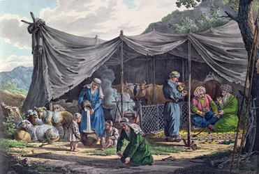 Campamento beduino en el Líbano, principios del siglo XIX (grabado en color)