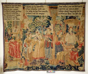 Benigne de Cirey y Susana Bañándose, panel izquierdo de la Historia de Susana