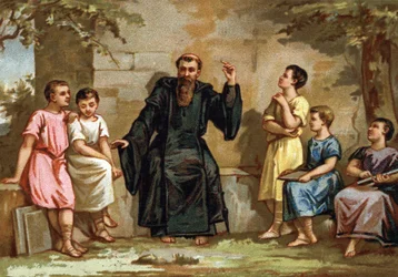 Benoit de Nursie, o San Benito, enseñando su regla a los hijos de nobles romanos. Cromolitografía de finales del siglo XIX