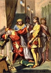 Bertran (Bertrand) de Born (1140 - 1215) trovador perigordino, señor de Hautefort, ante Enrique II (1133 - 1189) de Inglaterra. Cromolitografía de la Serie "Educación Patriótica a través de la Imagen"