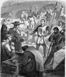Bertrand du Guesclin (Duguesclin) (c.1320-1380) condestable de Francia negándose a recibir dinero de los habitantes de Aviñón. Grabado en "Historia de Francia en Cien Pinturas" de Paul Lehugeur, 1891.