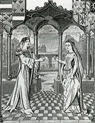 Desposorio de Maximiliano I y María, duquesa de Borgoña en 1477, después de una imagen en las Crónicas de Flandes