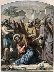 Escena bíblica - Vía Crucis: Jesús ayudado por Simón de Cirene. Grabado en "Le Pelerin" del 13 de septiembre de 1896