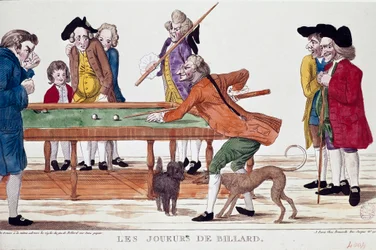 Jugadores de billar (termidor del año 8 del calendario revolucionario) (1800). Caricatura. Grabado en color de la escuela francesa del período revolucionario. París, Museo Carnavalet