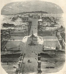 Vista aérea de la Place de la Concorde, rue Royale con la iglesia de la Madeleine - Grabado en “Tableau-de-Paris” por Edmond Texier 1852