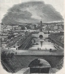 Vista de pájaro del Canal Saint-Martin (San Martín), la Plaza y el distrito de la Bastilla, tomada desde la orilla derecha del Sena - Grabado en "Tableau-de-Paris" por Edmond Texier 1852