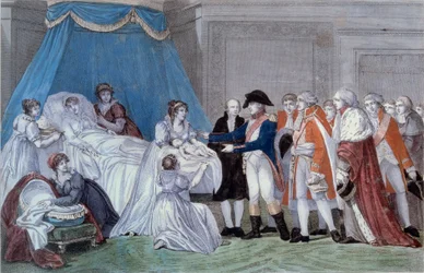 Nacimiento del Rey de Roma Napoleón II (François Charles Joseph Napoleón Bonaparte) (1811-1832): ceremonia del acta de nacimiento del hijo del Emperador Napoleón I (1769-1821) en el Palacio de las Tullerías el 20/03/1811. Grabado del siglo XIX. Isla de A