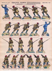 Tropas negras asaltadas en el ejército francés de colonias africanas. Imagen de Epinal, principios del siglo XX