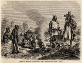 Herrero trabajando en Fouta Djalon (Senegal), dibujo de Hadamard, para ilustrar el viaje del teniente Lambert a Fouta Djalon en 1860. Grabado en "Le tour du monde" 1861. Colección Selva