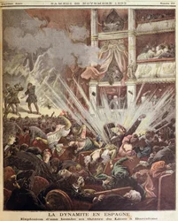 Explosión de bomba en el Teatro Liceo, Barcelona, ilustración de Le Petit Journal, 25 de noviembre de 1893