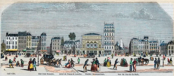 Boulevard Beaumarchais lado sur - Café Gibe - Hotel de Ninon de Laclos - Teatro Beaumarchais - Rue pas de la mule - Grabado en “Tableau-de-Paris” por Edmond Texier 1852
