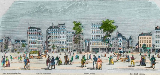 Boulevard Beaumarchais lado sur - rue Neuve-Saint-Gilles - Rue des Tournelles - Rue de Harlay - Rue Saint-Claude - Grabado en “Tableau-de-Paris” por Edmond Texier 1852