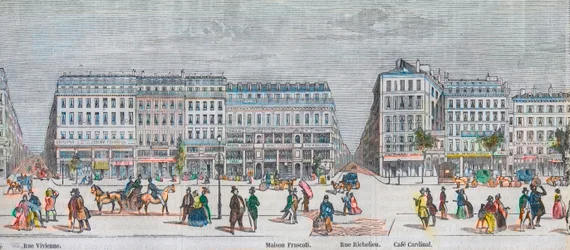 Boulevard Montmartre lado sur y boulevard des Italians lado sur - Rue Vivienne - Maison Frascati - Rue Richelieu - café Cardinal - Grabado en “Tableau-de-Paris” por Edmond Texier 1852