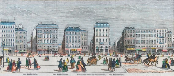 Boulevard Poissonniere - Rue saint Barbe - Rue Saint Etienne - Rue notre dame de Reouvrance - Rue Poissonniere - Grabado en “Tableau-de-Paris” por Edmond Texier 1852