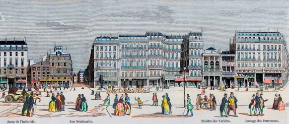 Boulevard Poissonnière y Boulevard Montmartre - bazar de la industria - Rue Montmartre - Théâtre des Variétés y pasaje de los Panoramas - Grabado en “Tableau-de-Paris” por Edmond Texier 1852