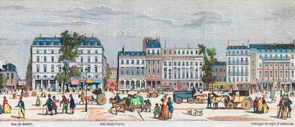 Boulevard Poissonniere lado sur - Rue du Sentier - Rue Saint Fiacre - Grabado en “Tableau-de-Paris” por Edmond Texier 1852