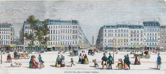 Boulevard des Capucines (Costa Sur) - Rue de la Paix, plaza y columna Vendome - Grabado en “Tableau-de-Paris” por Edmond Texier 1852