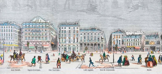 Boulevard des Italiens lado sur - Rue Favart - Ópera cómica - Rue Marivaux - Café Anglais - Rue Grammont - Bazar - Grabado en “Tableau-de-Paris” por Edmond Texier 1852